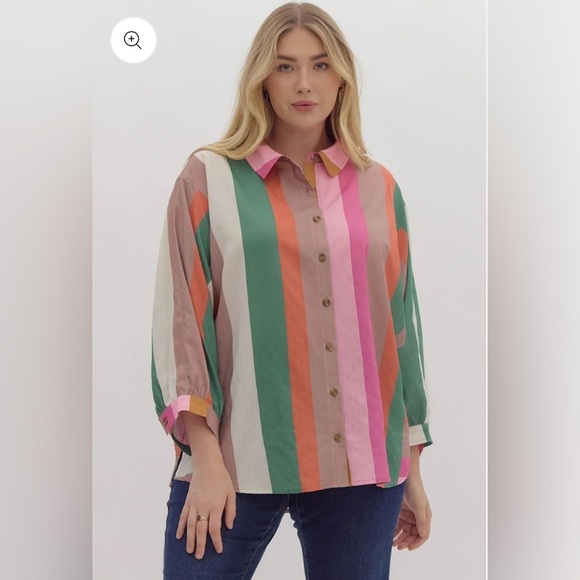 entro Tops - Entro Vibrant Colorful Long Sleeve Striped Button Down Blouse